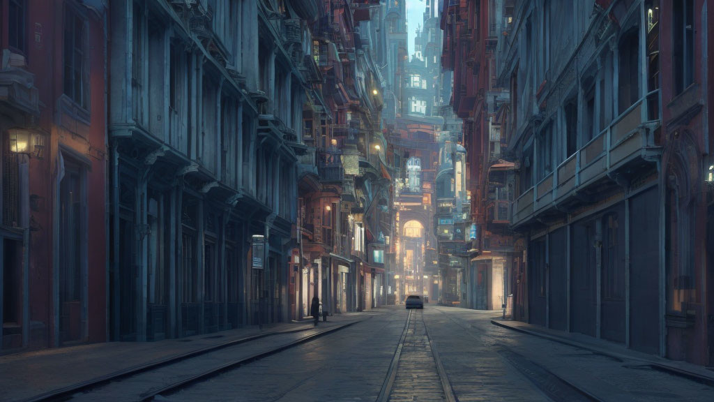 Historic urban alley with cobblestone street and tram tracks at twilight