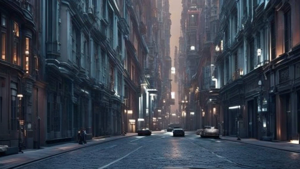 Dimly lit urban street with futuristic buildings and solitary figure