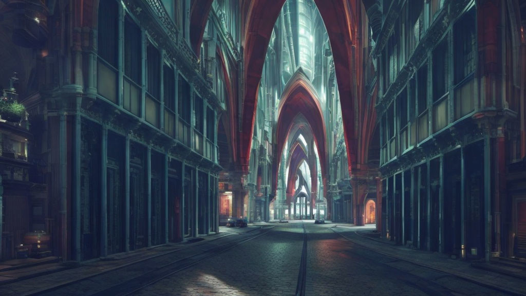 Gothic-style street with towering arches and cobblestone pavement