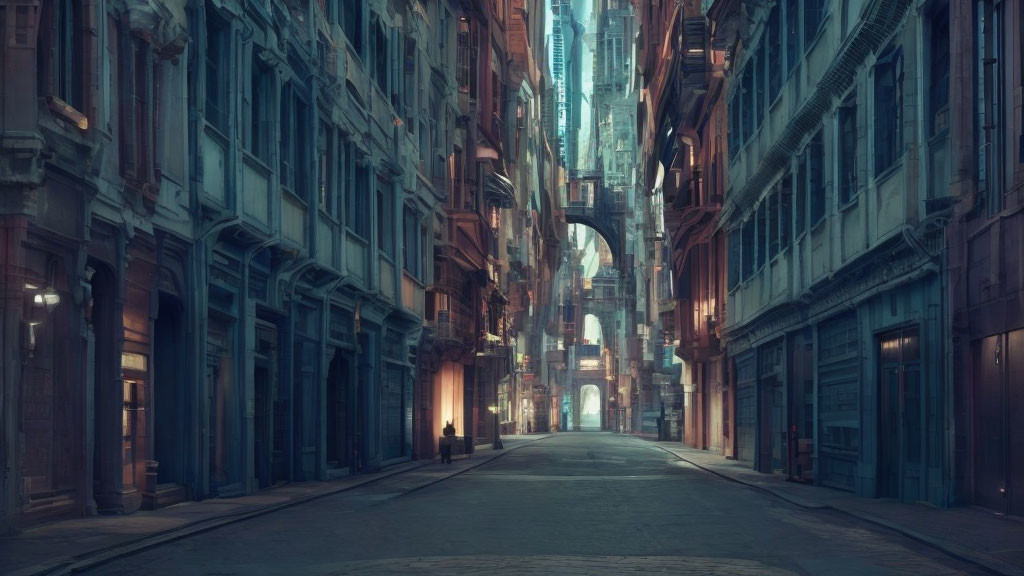 Desolate street with tall buildings and archway at dusk