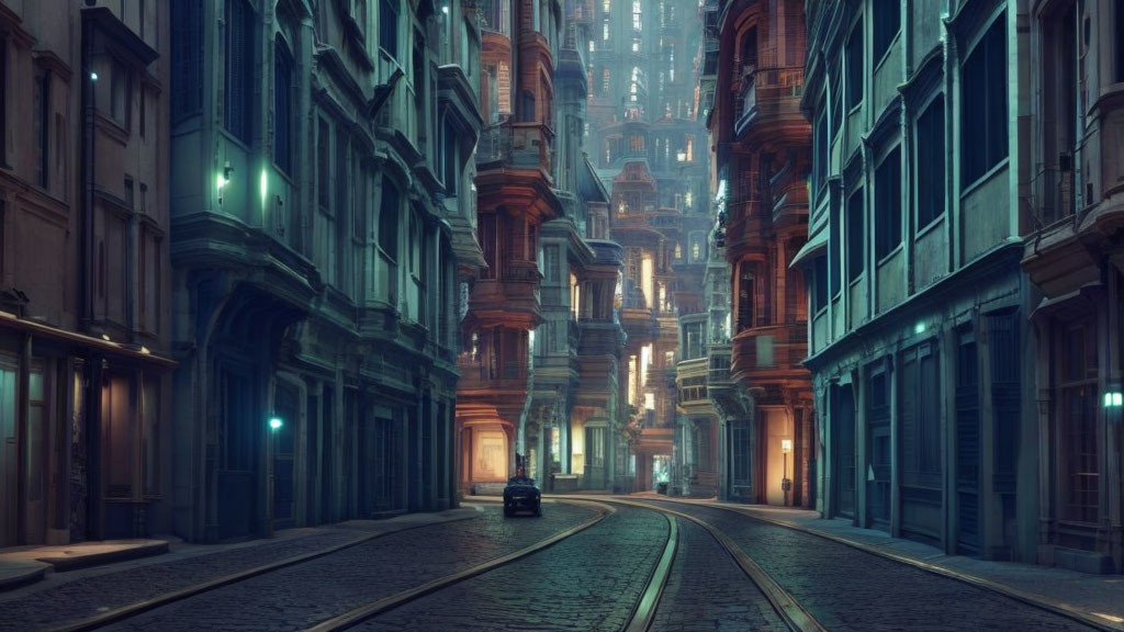 Vintage car parked on dimly lit, ornate street with tram tracks