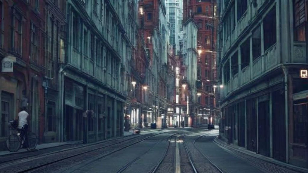 Dimly lit urban street at twilight with old buildings, tram tracks, and lone cyclist