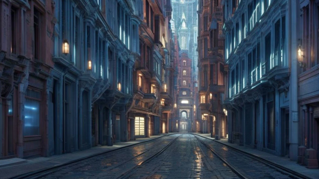 Desolate cobblestone street with Victorian buildings and glowing tower at dusk