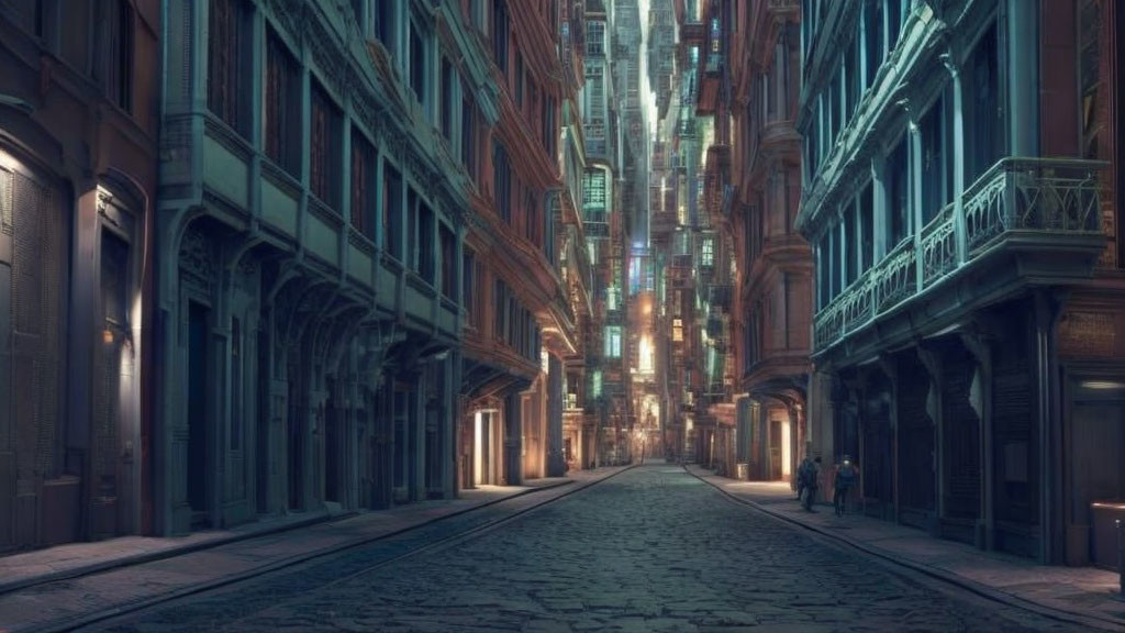 Dimly Lit Urban Street with Victorian-Style Buildings