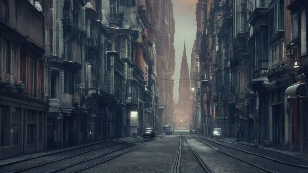 Deserted street with tram tracks and old buildings under dusky sky