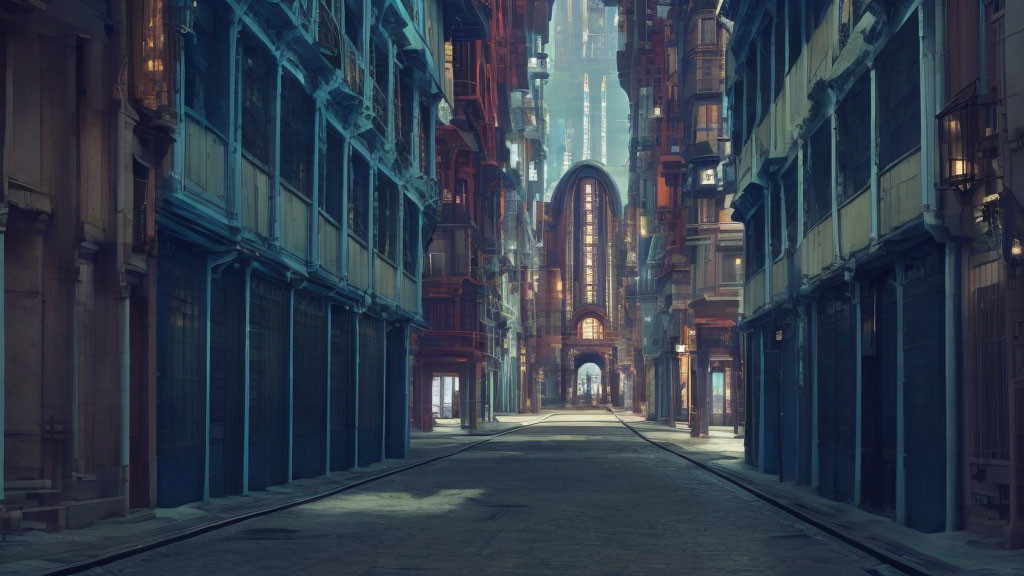 Deserted narrow street with tall ornate buildings at dusk