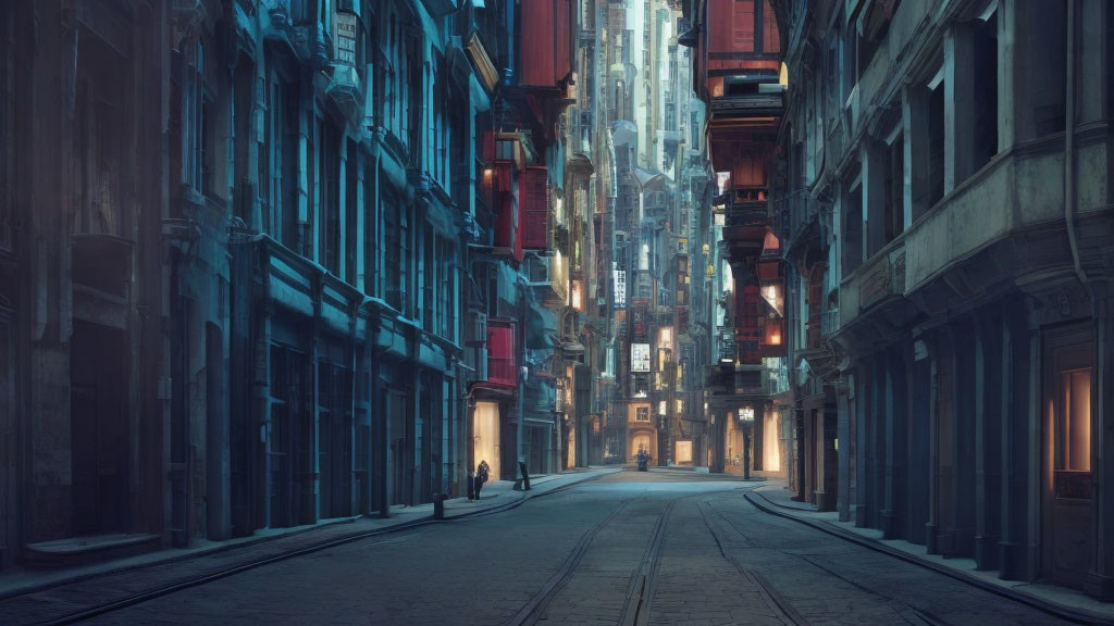 Dimly Lit Urban Street at Dusk with Person Walking