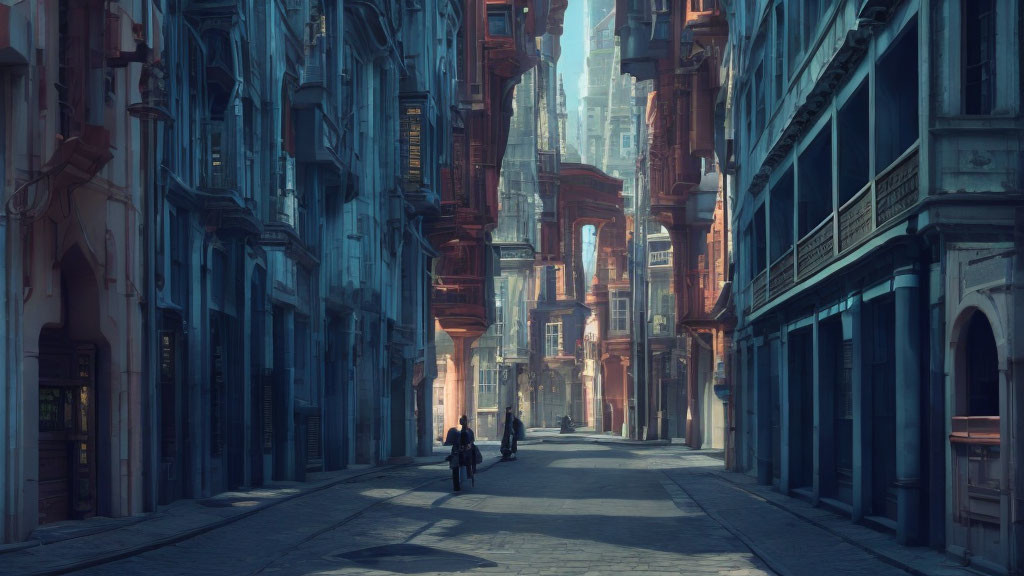 Dimly Lit Urban Street with Couple Walking Hand-in-Hand