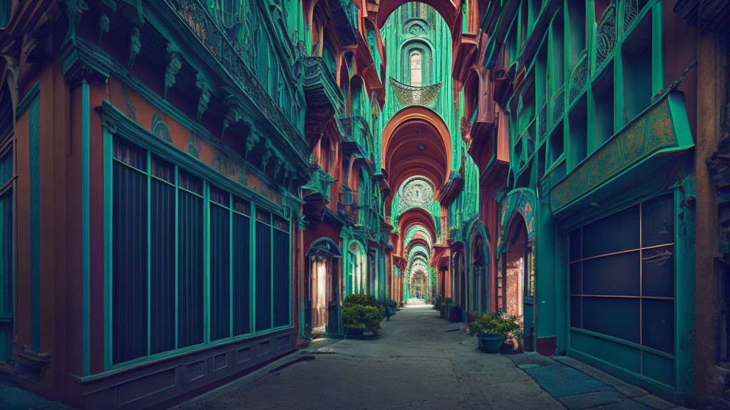 Vibrant teal and red alleyway with arched doorways and hanging plants