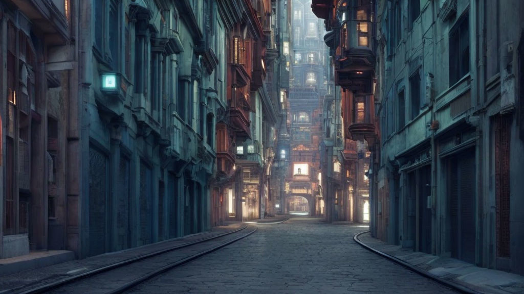 Deserted narrow street with old buildings and tram rails at dusk or dawn