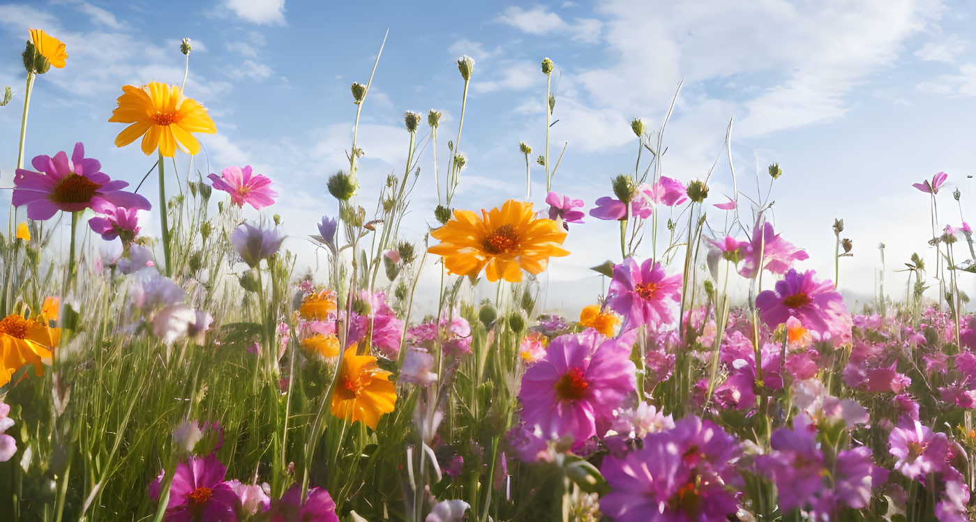 Colorful Pink and Orange Wildflowers in Blue Sky Scene