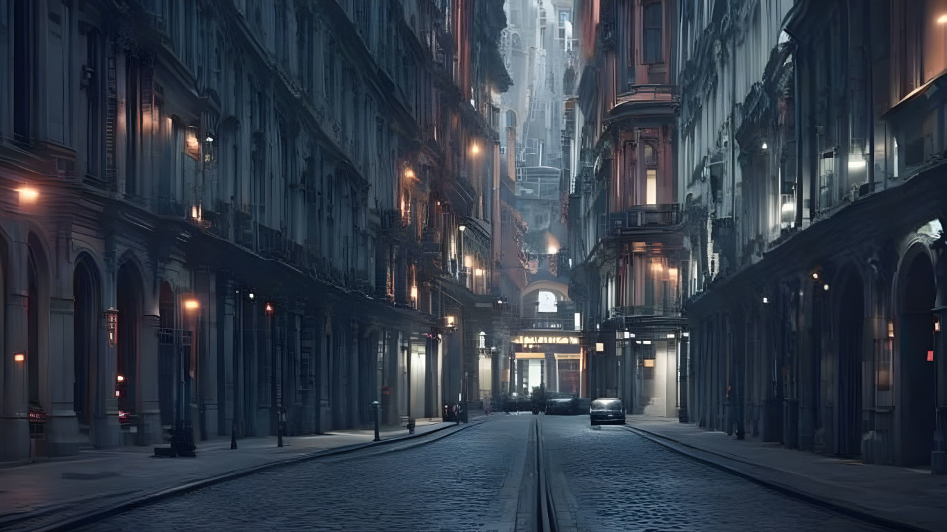 Foggy urban street at dusk with classical architecture and vintage streetlights