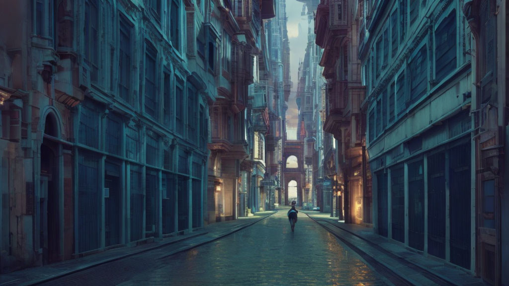 Solitary figure walking in narrow city street lined with old buildings