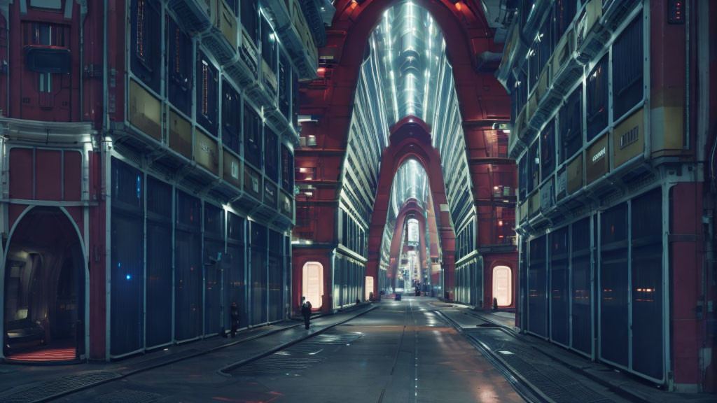 Modern corridor with arched ceiling and soft lighting, metal structures, and enclosed walkways