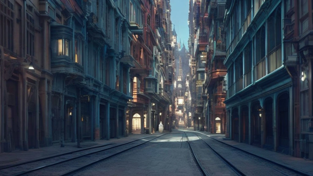 Vintage urban street with tram tracks and dim lighting