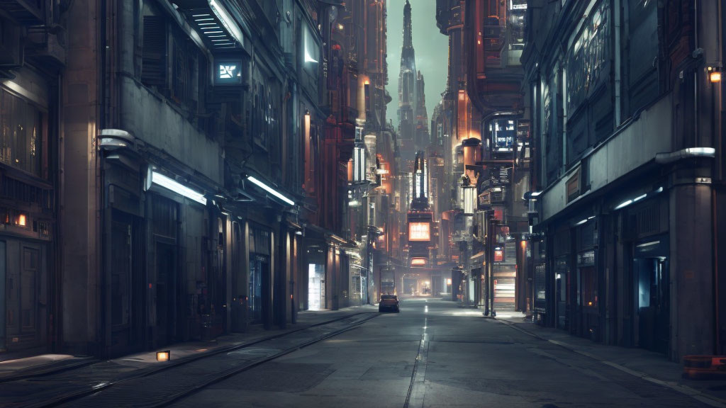 Neon-lit futuristic city street at dusk