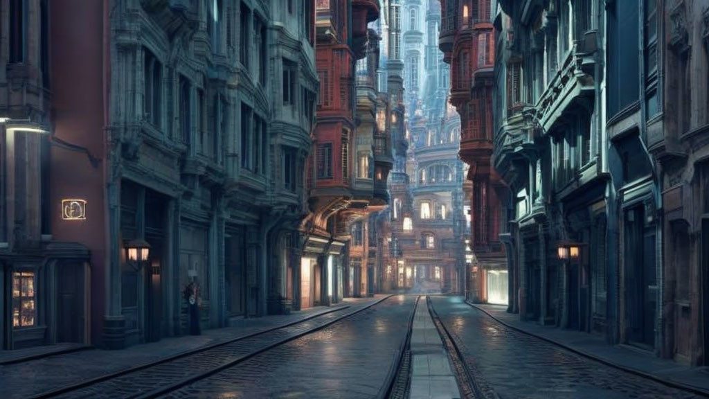 Cobblestone street with tram tracks and ornate buildings at dusk