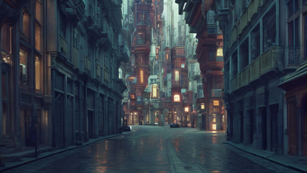 Deserted city street at dusk with towering buildings and cobblestone road