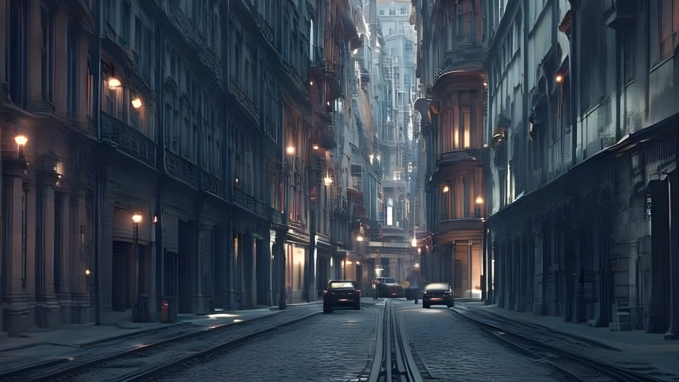 Dimly Lit Urban Street at Dusk with Buildings and Street Lamps