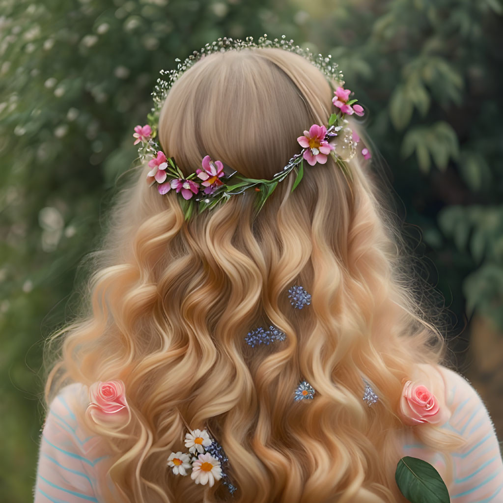 Blonde person with floral crown and butterflies in wavy hair