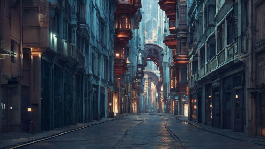 Deserted futuristic city street at dusk with tall glowing buildings.