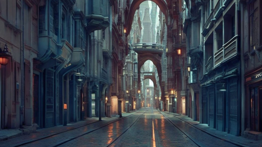 Deserted narrow street with cobblestone road and old European-style buildings at dusk