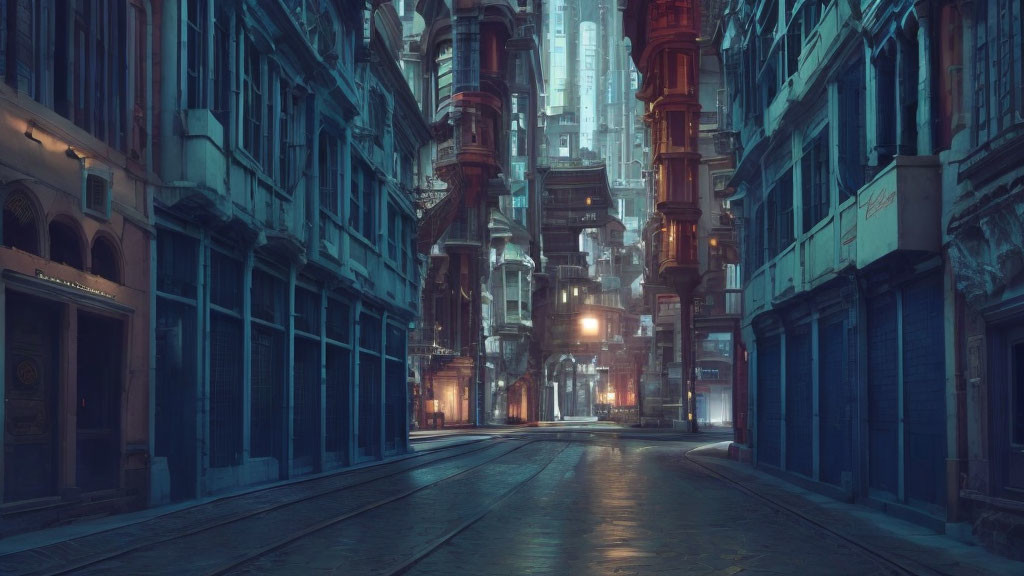 Dystopian cityscape at night with towering structures and neon lights