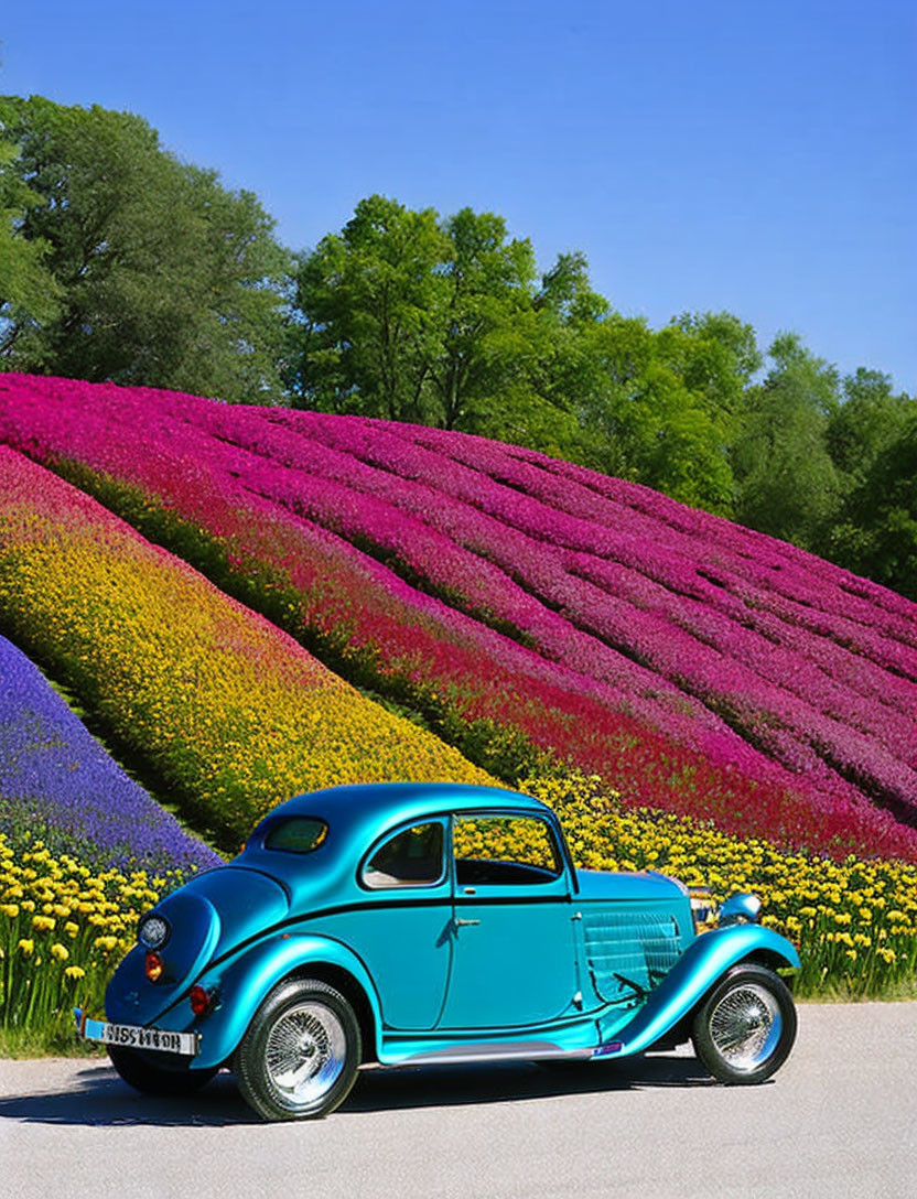 Vintage turquoise car parked on road with colorful flower hill and blue sky