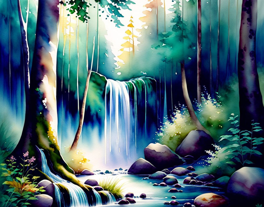 Serene forest waterfall scene in vibrant watercolor