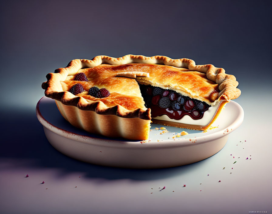 Freshly Baked Berry Pie with Missing Slice on White Dish