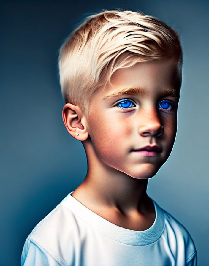 Blonde-Haired Boy with Striking Blue Eyes on Blue Background