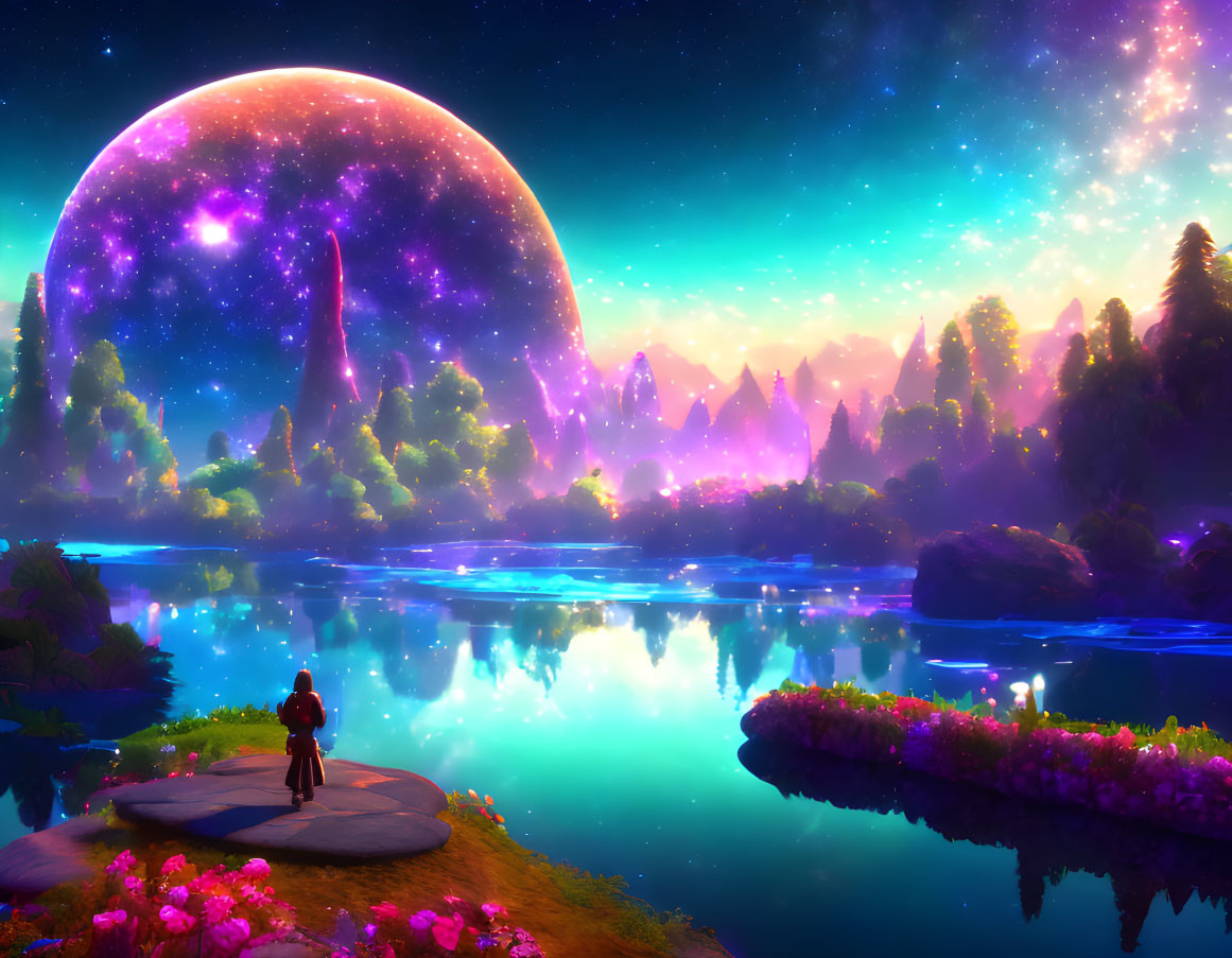 Person under starry sky with giant moon, nebula, and lush flora