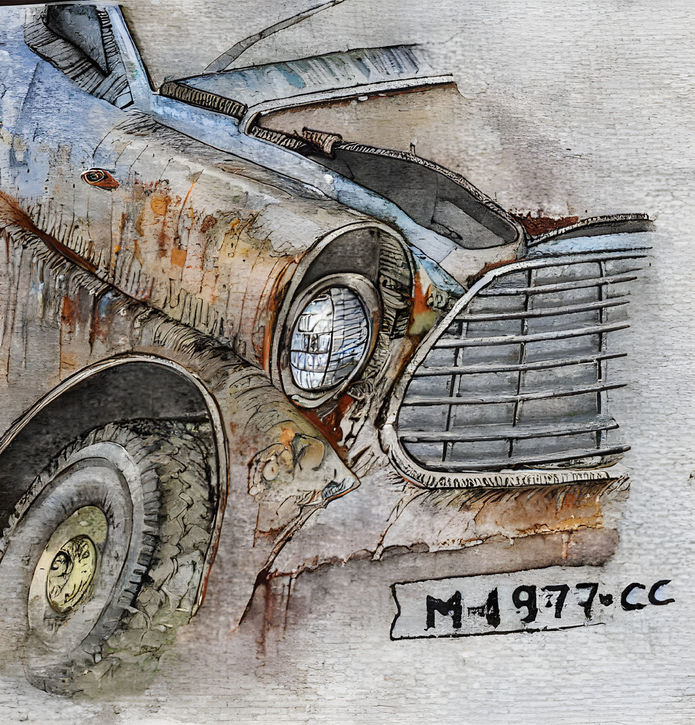 Vintage Car Front Watercolor Painting: Rust, Patina, Headlight, Grille Details