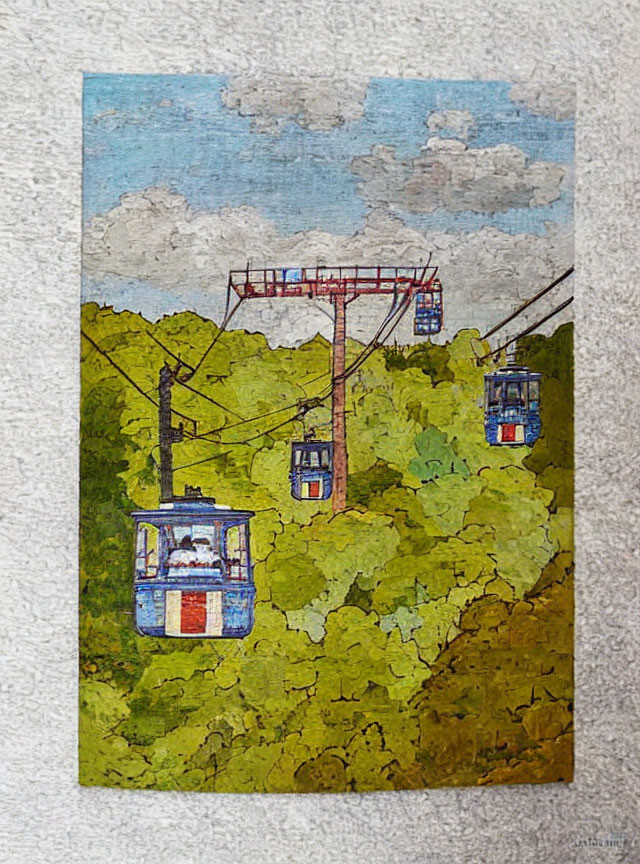 Cable car system over lush green forest canopy