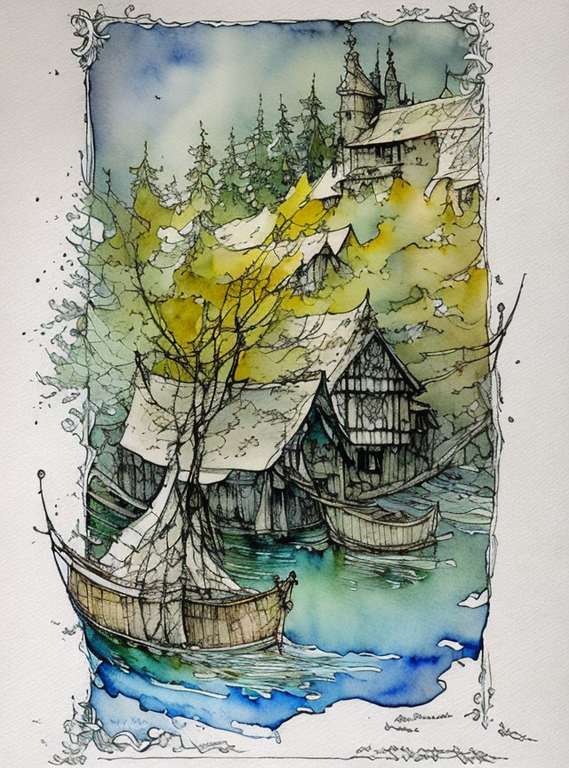 Rustic lakeside village watercolor with boats and pine trees