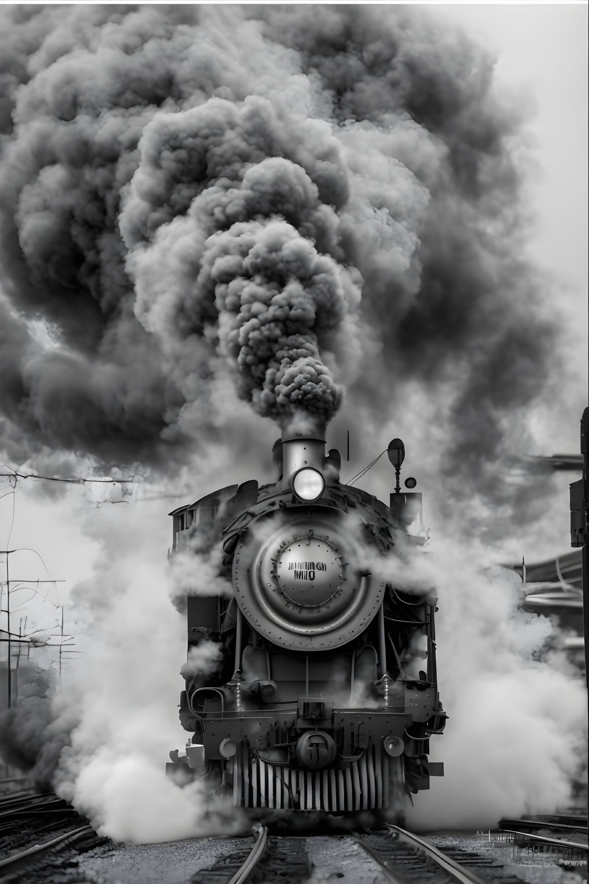 Vintage steam locomotive chugging along tracks in dramatic scene