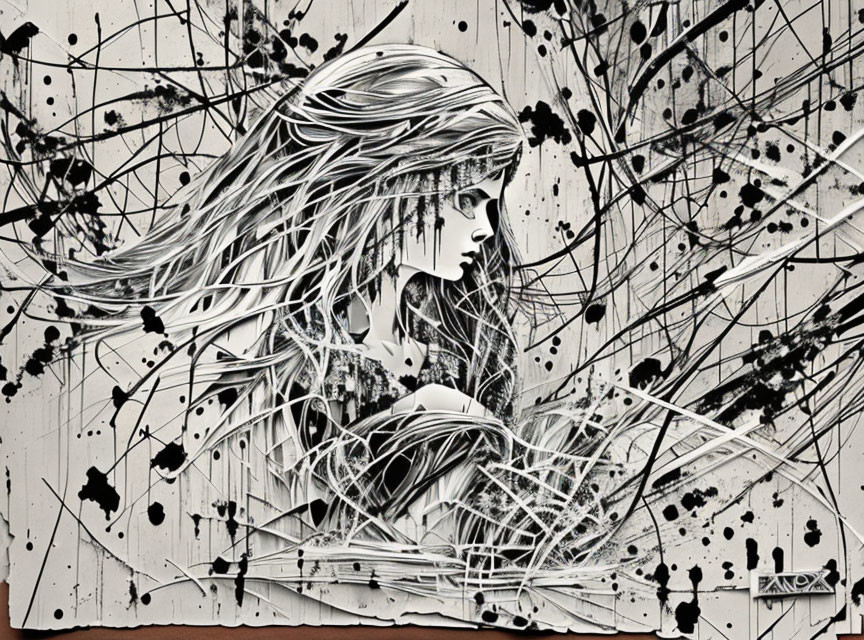 Detailed black and white illustration of woman with flowing hair and dynamic splatters.