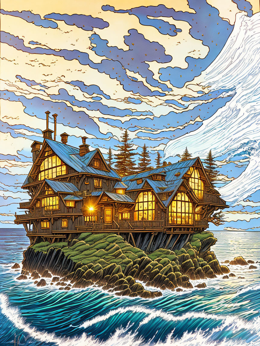 Illustration of wooden house on cliff with ocean waves and dramatic sky