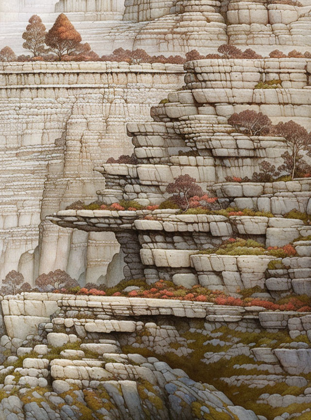 Autumn Trees on Layered Sedimentary Rock Cliffs in Brown and Beige