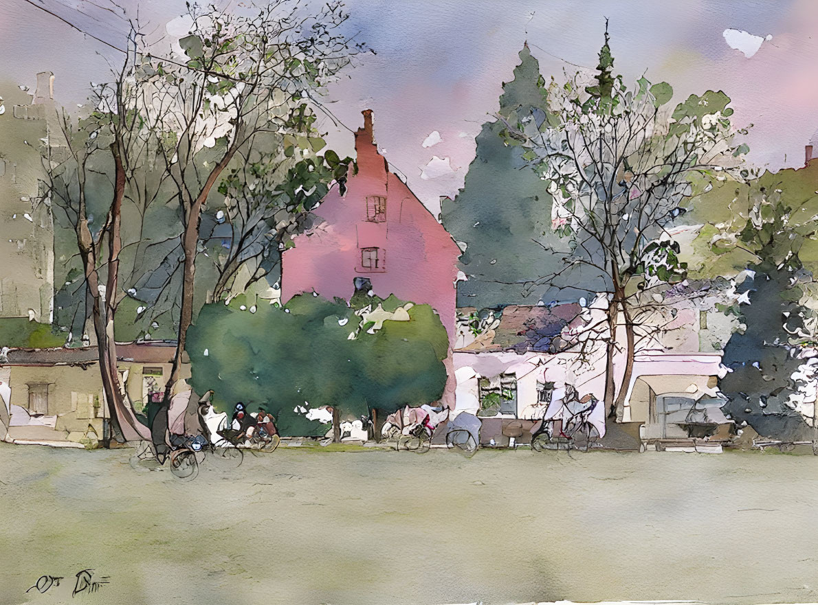 Quaint streetscape watercolor with bicycles, pink house, trees, and pastel sky