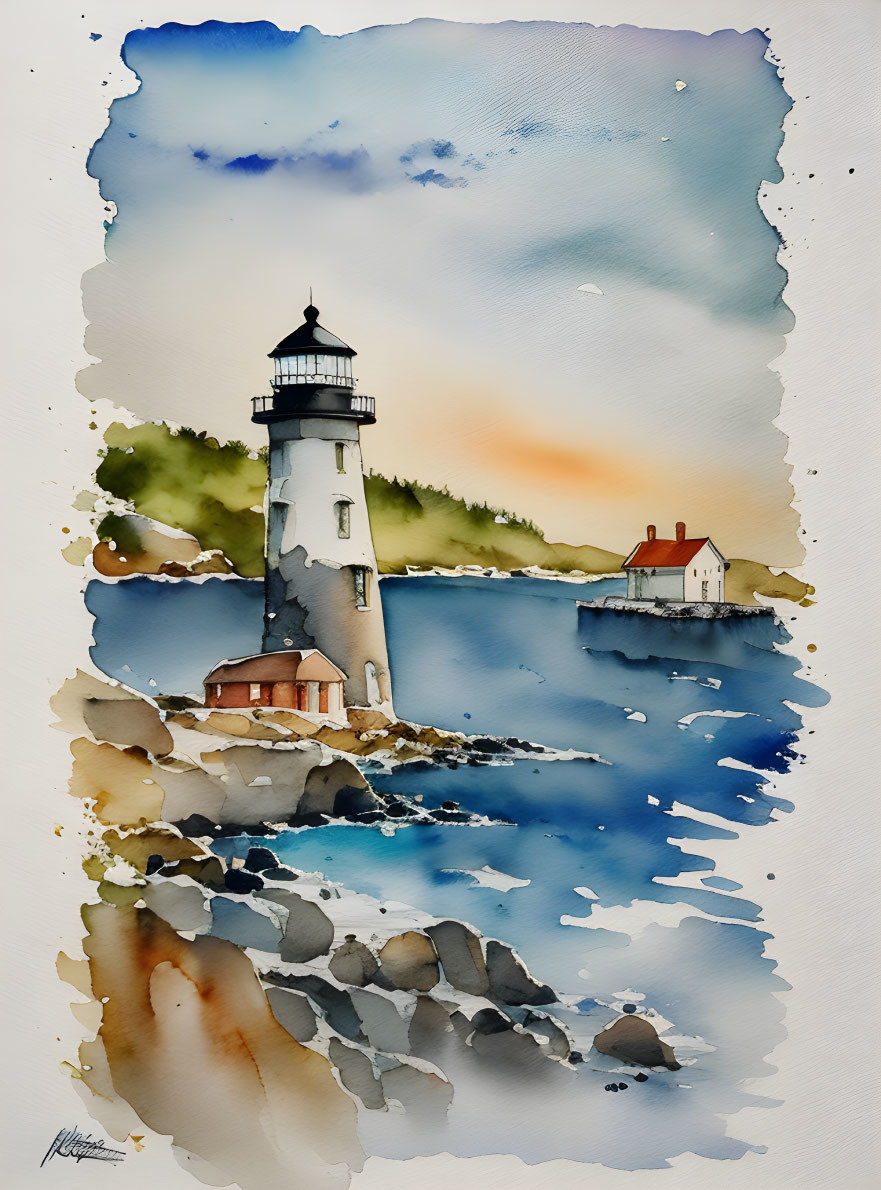 Colorful Watercolor Painting: Lighthouse, Sunset, Cottage