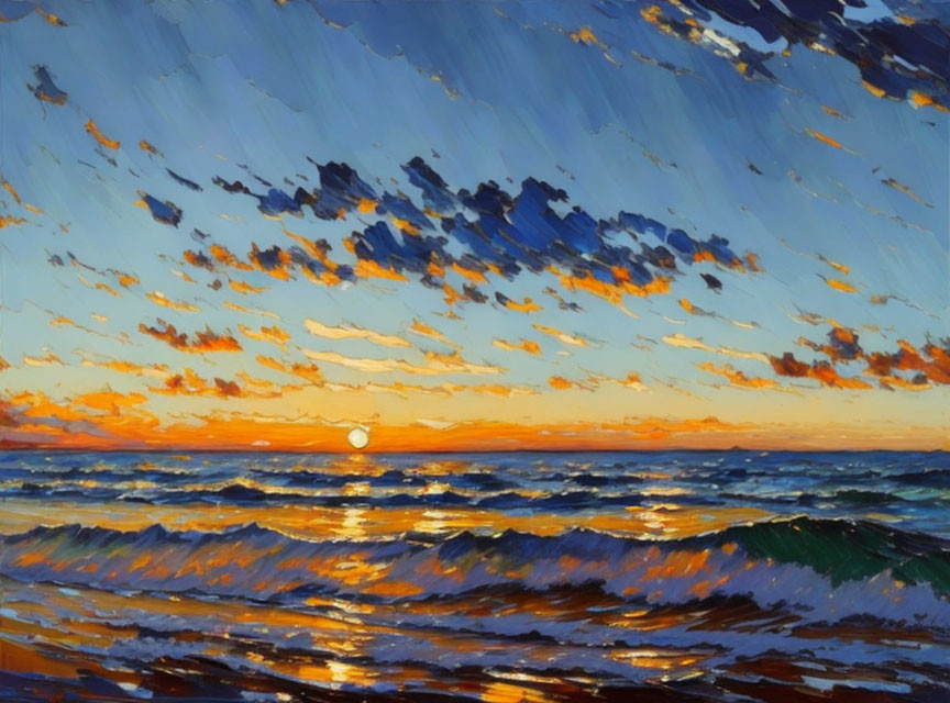 Vibrant Sunset Over Ocean: Impressionistic Painting