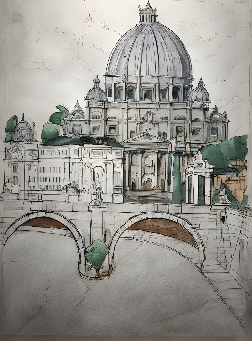 Vintage-style sketch of domed building with bridge and trees in foreground.