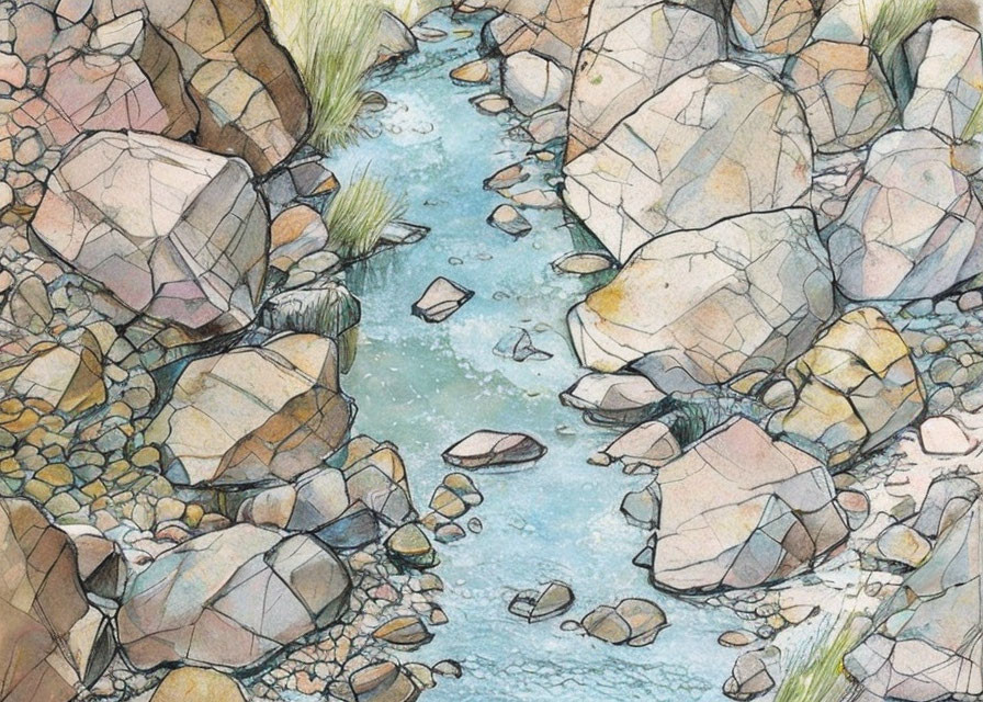 Rocky Stream Watercolor Illustration with Clear Water and Boulders