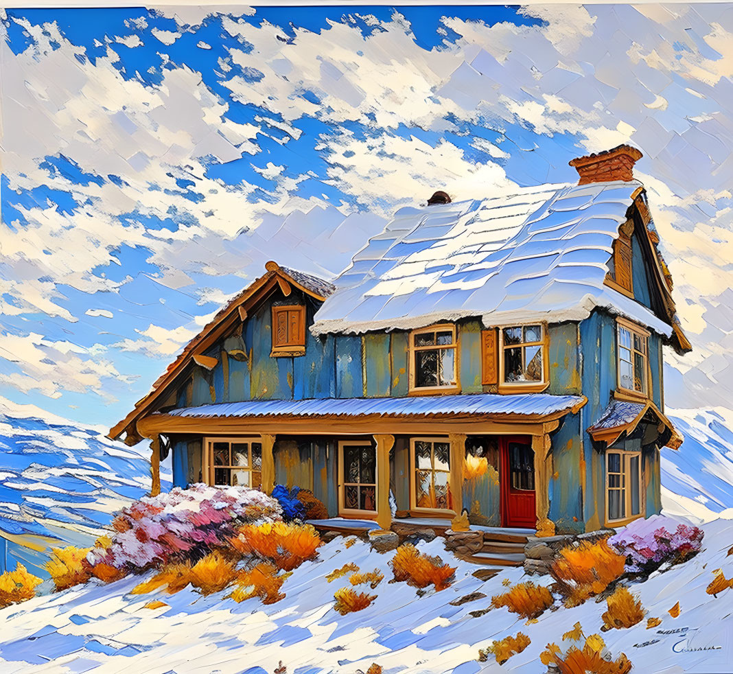 Blue wooden cabin in snowy landscape with bright sky