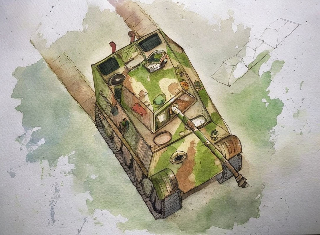 Detailed Watercolor Painting of Tank Interior in Sketch Style