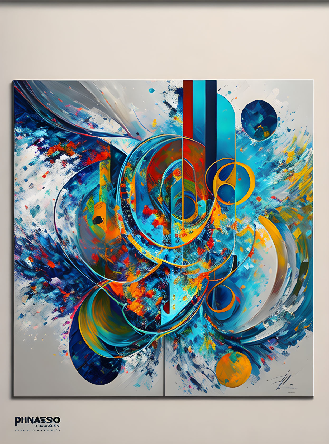 Colorful Abstract Painting with Swirls, Splatters, and Geometric Shapes in Blue, Orange