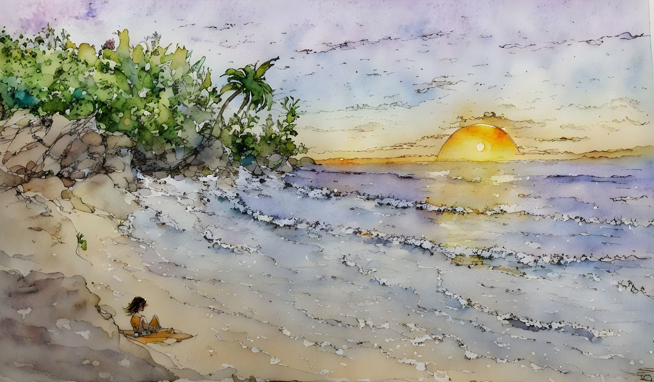 Tranquil beach sunset watercolor with person and colorful sky