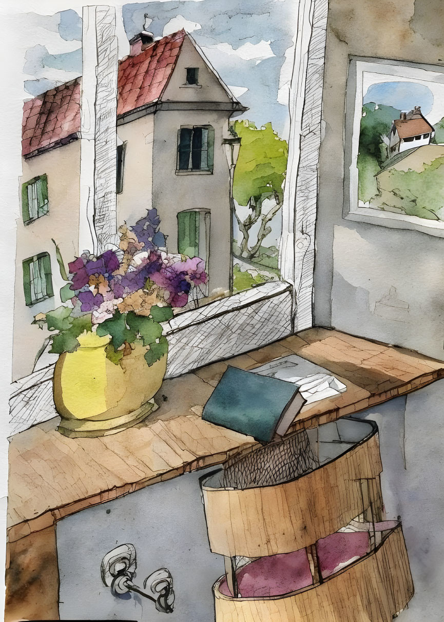 Interior watercolor painting: table, chair, yellow vase with flowers, windowsill, house, trees