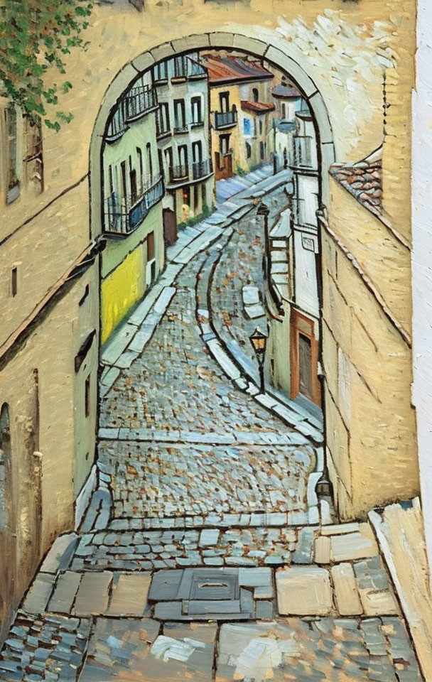 Colorful Cobblestone Street Painting Through Arched Passageway